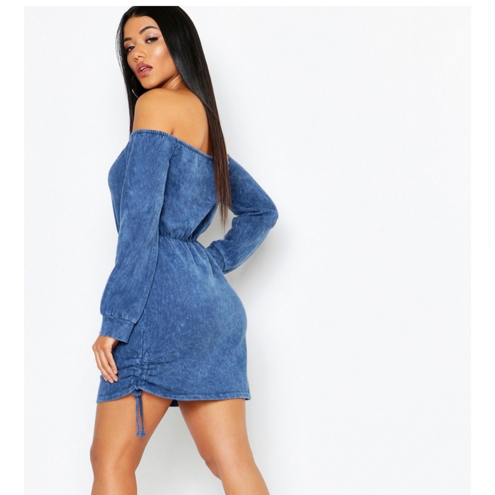 Off Shoulder Ruched Acid Wash Sweatshirt Dress